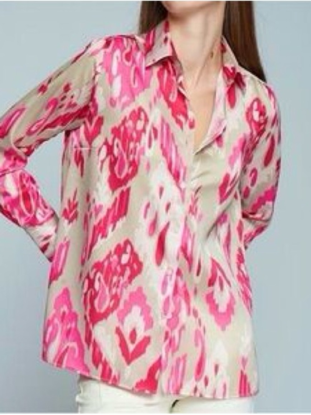 Vilagallo Rosa Fresa Ikat Print Tunic Button Down Shirt Pink Tan Size Large